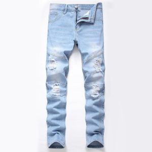 Ripped jeans men's European and American straight tube large size foreign trade denim pants light blue jeans men