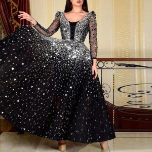 Long Sleeve Dress V-Neck Women's Tight Waist Large Swing Black Dress Cross Border Women's Dress Party Dress