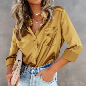 Blusa Feminina M, Camisas De Seda Acetinada, Camisas Soltas