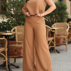 Conjunto Feminino Blusa Com Calça Pantalona Em Linho