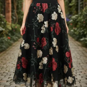 Saias Femininas De Cintura Elástica Midi Bordadas Com Flores