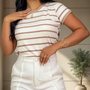 Blusa Feminina Tshirt Camiseta Listrada Minimalista Básica