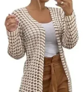 Cardigan Feminino Tricot Kimono Longo Casaco Quadradinho Lã