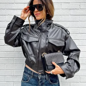 Jaqueta Feminina De Couro Sintético Preta Cropped Motoqueira