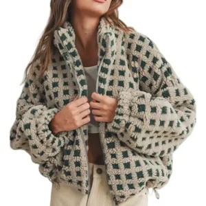 Jaqueta Feminina 2025 Inverno Pelúcia Xadrez Solta Casual