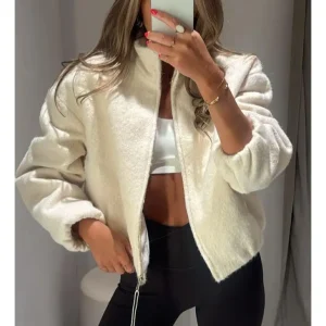 Jaqueta De Pelúcia Cortada Feminina Com Zíper, Jaquetas Bomb