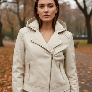 Jaqueta De Couro Feminina, Removível, Com Capuz, Quente