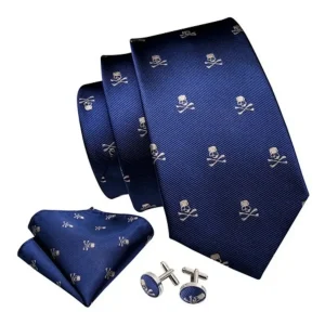 Kit Gravata Executiva Caveira Seda Azul + Lenço Abotoaduras