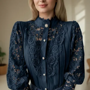 Blusa Feminina Elegante De Renda, Cor, Gola Redonda, Blusa L