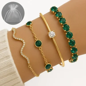 Conjunto 4 Peças Pulseira Bracelete Feminina Dourada E Verde