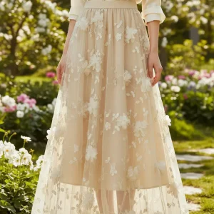 Saia Feminina Longa, Tule, Bordado De Flores, Cor Sólida, Hi