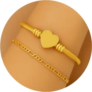 Kit Pulseira Bracelete Coração Inox Banhado Dourado Feminino