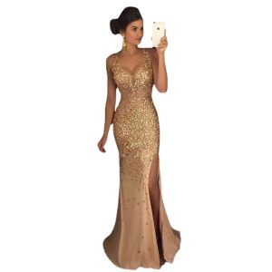 Women's Fashion Sexy Strap Split Bronzing Banquet Party Evening Dress Dress Dress