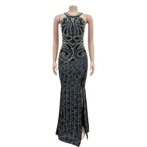 Women's clothing fashion heavy work beaded rhinestone split backless dress long dress dress women