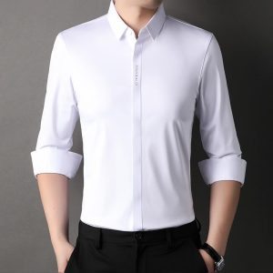 [seamless high-elastic] spring and autumn new men's long-sleeved shirt dark placket business casual iron-free versatile shirt men