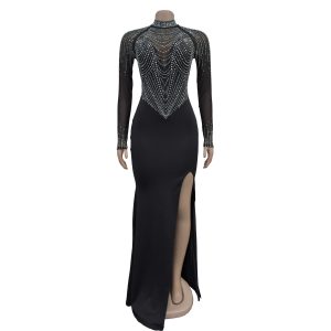 Women's fashion heavy industry hot drilling long sleeve collar sexy split mesh long skirt dress