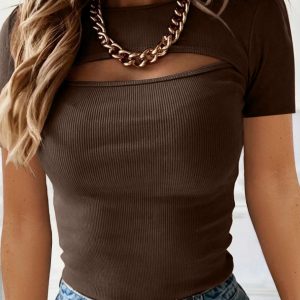 Summer New Women's Round Neck Chest Opening Short-Sleeved T-Shirt