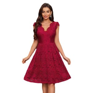 Women's Fashion wine red Sexy V-Neck Tight Waist Slimming Banquet Dress Lace dress