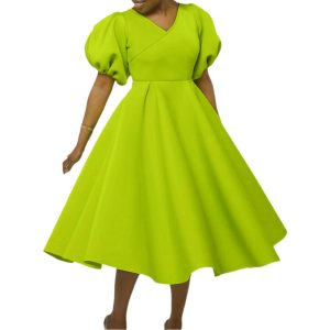 Women's clothing fashion solid color sexy V-neck puff sleeve waist slimming plus size dress dress dress