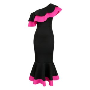 Women's fashion contrast color ruffled stitching sexy slant shoulder banquet dress dress
