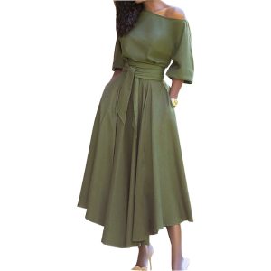 Women's clothing autumn and winter New Fashion solid color waist slimming sexy oblique shoulder dress dress