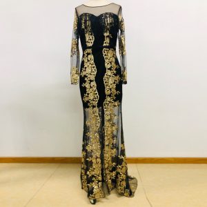 Elegant temperament dress mesh stitching dress long sleeve evening dress