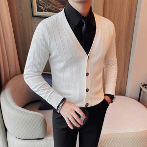 Autumn and Winter New V-neck Texture Men's Slim-fit Knitwear Light Mature Style Casual Commuter Fashion All-match Sweater Cardigan