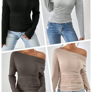 Autumn and Winter Fashion New One-Shoulder Waist Pleated Solid Color Casual Slim Long-Sleeved Tops for Women