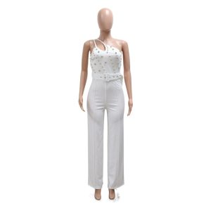 Women's clothing fashion solid color heavy industry beaded sexy one-shoulder wide-leg pants jumpsuit women Wholesale