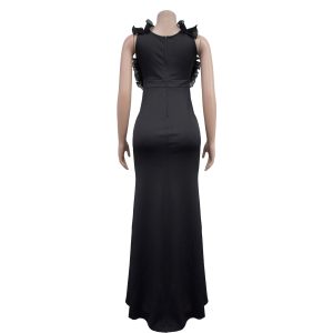 Women's fashion flounces stitching sexy deep V-neck split dress dress