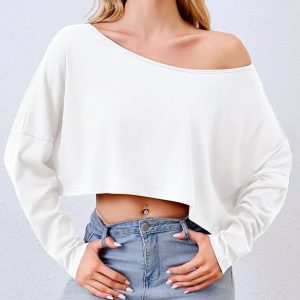 Style Ins Street Fashion Lazy Off-Shoulder Loose Simple Casual American-Style Spicy Girl Crop Top That Shows the Belly Button and Makes You Look Slim