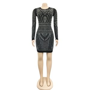 Sexy Women's Long-sleeved Crewneck Mid-length Dress Hot Diamond Hip Dress for Women
