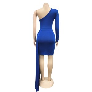 Women's clothing fashion solid color sexy single sleeve oblique collar banquet trailing dress dress women
