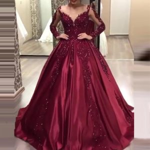 Deep V-neck sexy dress wedding bride new long sleeve