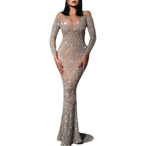 Women's clothing fashion bronzing long sleeve round neck sexy tight banquet evening dress long dress dress
