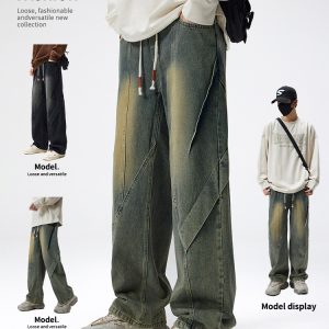 Sales Retro Distressed Jeans Men's Trendy American High Street New Loose Straight Wide Leg Long Pants