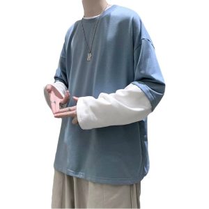 Design Sense Stitching Color-matching Long-sleeved T-shirt Men's Spring and Autumn Fashionable Men's Loose Double Collar Long-sleeved T-shirt