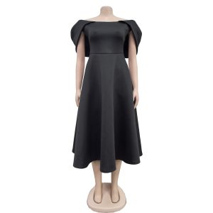Women's fashion solid color waist slim short sleeve square collar A- shaped large skirt dress