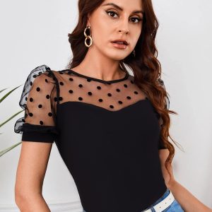 Spring and Summer New Women's Mesh Polka Dot Stitching Pure Color Round Neck Comfortable Slim Short-Sleeved T-Shirt