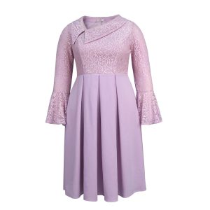 Women's Fashion Solid Color Oblique Collar Big Trumpet Sleeve Tight Waist Slimming Lace Skirt dress