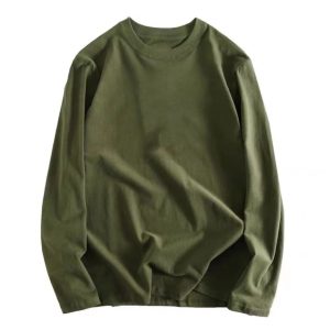 Combed cotton Army Green long-sleeved T-shirt men's round neck loose plus size autumn clothes sports bottoming shirt casual sweater