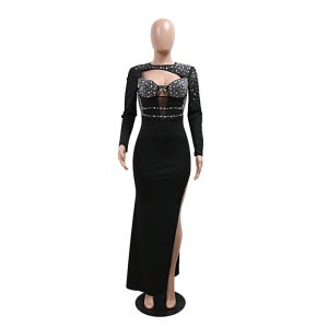 Women's Fashion Heavy Industry Hot Drilling Long Sleeve Crewneck Sexy Split Banquet Dress Long Dress dress Women