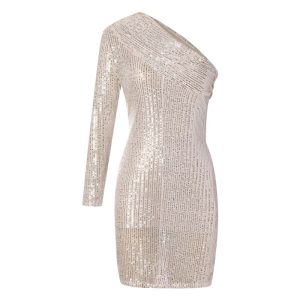 Women's fashion sexy oblique collar wrapped chest banquet evening dress sequined one-shoulder dress dress