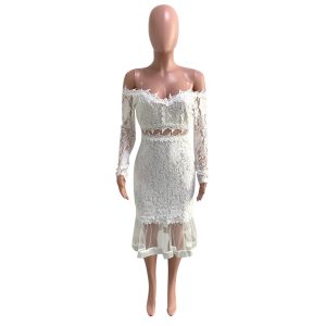 Women's Fashion Solid Color Slim-fit Sexy One-line Collar Long Sleeve Lace Fishtail Dress Dress