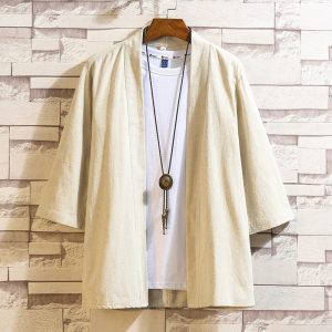 2024 Chinese style summer men's loose solid color Hanfu plus size fashion casual cotton and linen 3/4 sleeve cardigan shirt