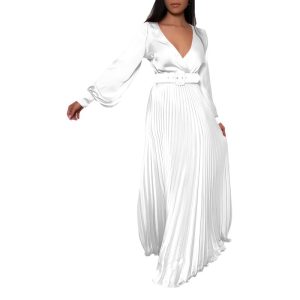 Women's clothing fashion solid color sexy V-neck high waist pleated dress long skirt dress women's fashion