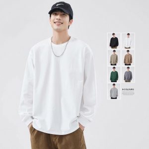 Strict selection of 250 grams of heavy cotton long sleeve T-shirt loose solid color coat white T-shirt bottoming shirt for men and women