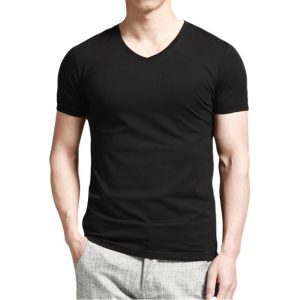 New men's short sleeve T-shirt Lycra Cotton solid color slim Korean tight round V-neck men's bottoming shirt summer