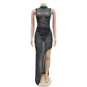 Women's clothing fashion solid color sexy mesh rhinestone sleeveless dress long dress dress
