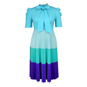 Women's fashion gradient bow lace-up waist slimming pleated skirt dress